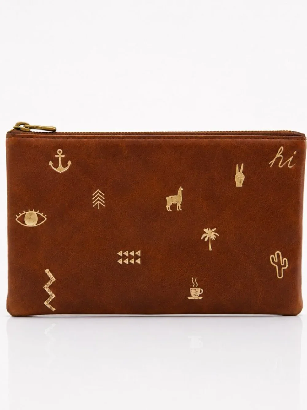 MADEWELL Leather Pouch Gold Southwest Symbols Chestnut Brown NWT